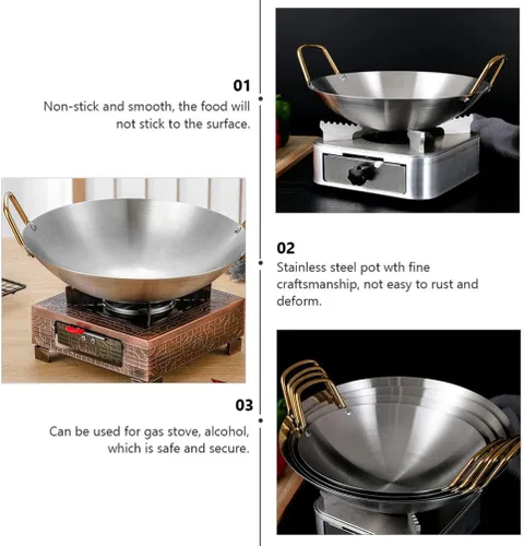 Miniatura 4 de GANAZONO Olla de acero inoxidable de acero inoxidable Wok Pan Sartén para saltear Sartén redonda de acero Sartén de wok chino Sartén de wok de acero