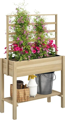 Miniatura 23 de Outsunny - Jardinera elevada de madera con estante de almacenamiento, orificios de drenaje y forro para el patio trasero, la terraza, el balcón, 47