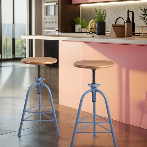 Miniatura 12 de Topower Taburete de bar de altura ajustable de metal de diseño industrial antiguo, silla de desayuno de comedor de cocina, taburete de madera