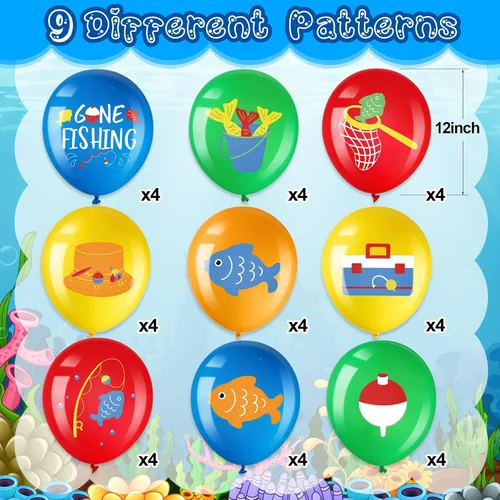 Miniatura 2 de Zomiboo 36 globos de cumpleaños de pesca, globos de látex de 12 pulgadas, decoraciones de fiesta de pesca para O-fishally un cumpleaños, baby