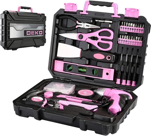 DEKOPRO Juego de herramientas: kit de herramientas manuales para el hogar general de 98 piezas rosa con caja de almacenamiento de plástico