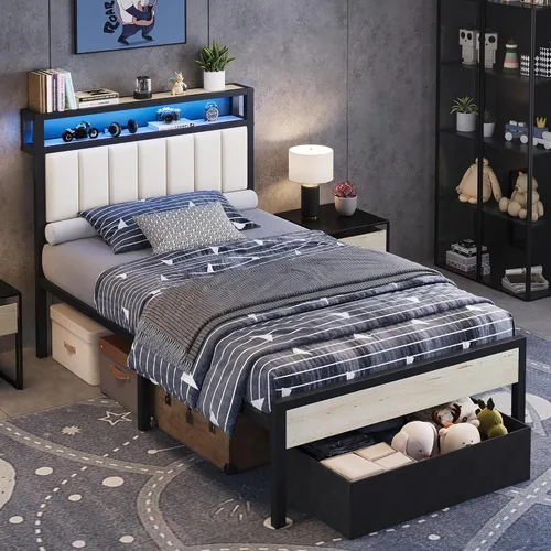 Miniatura 14 de AMERLIFE Base de cama individual con luz LED y 2 cajones de almacenamiento, plataforma de metal con cabecera de almacenamiento, tapizada