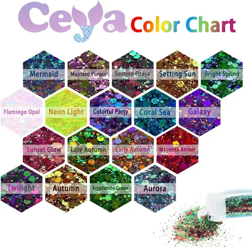 Miniatura 3 de Ceya - Juego de purpurina camaleón gruesa de 18 colores, 6.3 oz/180 g, polvo de purpurina artesanal con cambio de color, cada 15 ml, copos