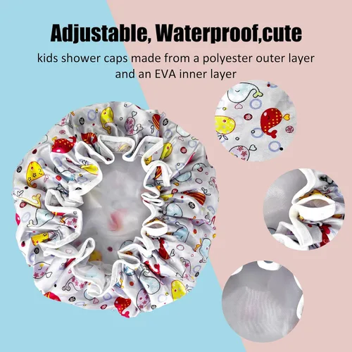 Miniatura 6 de Gorro de ducha para niños, paquete de 3 gorros de ducha grandes, reutilizables, de doble capa, impermeables, de plástico lavable, gorro de ducha