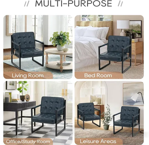 Miniatura 5 de COLAMY Silla decorativa moderna, sillón con brazo decorativo para sala de estar, cómodo sillón de cuero con patas de metal para dormitorio, Azul