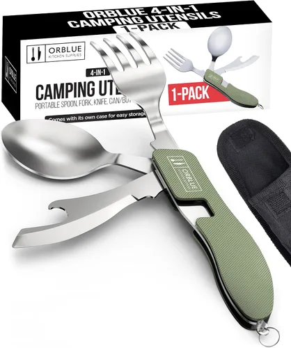 Miniatura 10 de Orblue Utensilios de comida 4 en 1, paquete de 2 – Cuchara portátil, tenedor, cuchillo y abridor de botellas – Cubiertos de acero inoxidable