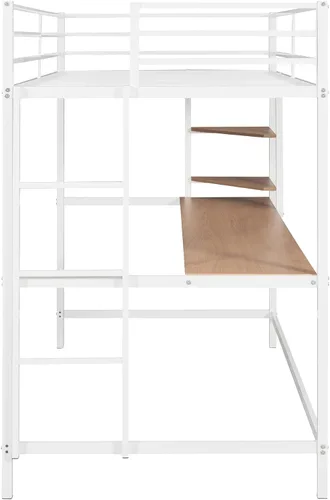 Miniatura 6 de Marco de cama de metal tipo loft de tamaño individual con escritorio y estantes de almacenamiento, marco de cama de metal con barandilla segura