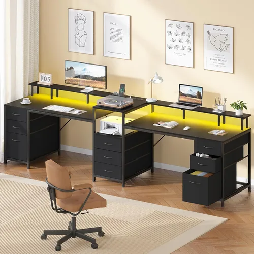 Miniatura 3 de YOMILUVE Escritorio para Computadora de 98.4" de Largo con 9 Cajones, Escritorio de Juegos para 2 Personas con Luces LED y Toma de Corriente