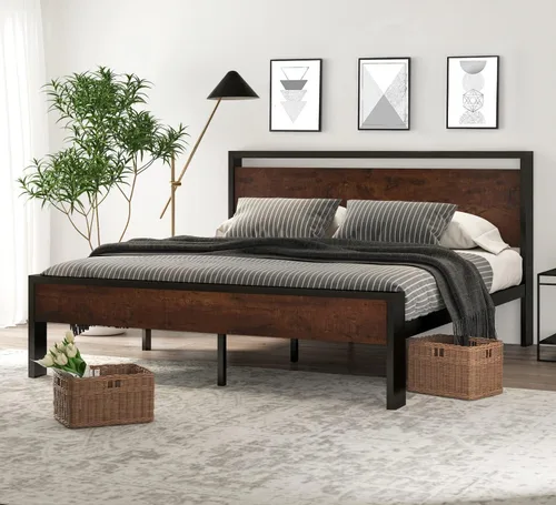 Miniatura 16 de SHA CERLIN Armazón de cama de plataforma metálica de tamaño completo de 14 pulgadas con cabecero y pie de cama de madera, base de colchón, no Roble