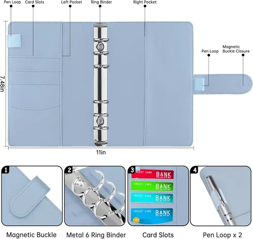 Miniatura 2 de Antner - Archivador de piel sintética con 6 anillos, para papel de tamaño A6, agenda personal con hojas sueltas y cubierta con cierre magnético, azul
