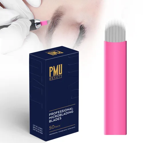 Miniatura 10 de 50 Uds agujas Microlading profesionales 12 pines curvados planos con 0.007 in de diámetro desechables manuales cuchillas de cejas suministros