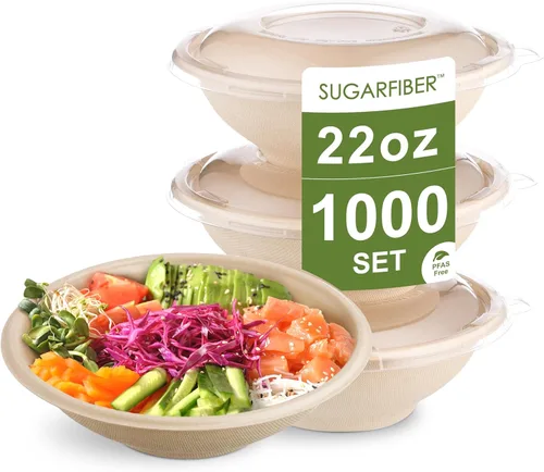 Miniatura 9 de [500 SET]Harvest Pack 32 oz Round Compostable Bowls with Flat Lids, Heavy-Duty Eco-Friendly Disposable Bagasse Paper Bowl for Meal Prep, Made of