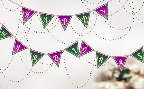 Miniatura 5 de Cheerland Cartel de Feliz Mardi Gras, decoraciones de Mardi Gras, bandera de guirnalda de martes gordos verde, morado, cuentas doradas, banderines