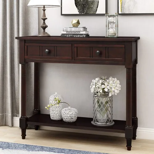 Miniatura 13 de P PURLOVE Mesa de consola Aparador Mesa de sofá de madera con 2 cajones y estante inferior (negro)