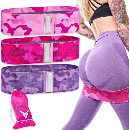 Victor Fitness® Bandas de cadera y glúteos | 3 niveles de resistencia | Tela antideslizante para sentadillas, estocadas, glúteos y glúteos | incluye