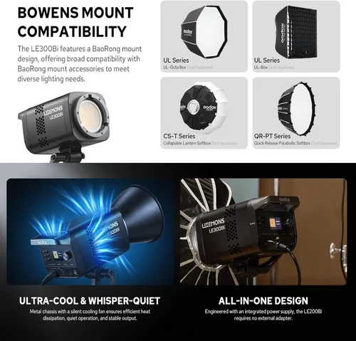 Miniatura 6 de Godox Litemons LE300Bi - Luz de video LED bicolor de 300 W, 58900Lux@1M CRI98+ Studio Bright con control de aplicación, 11 efectos FX, 0-100%