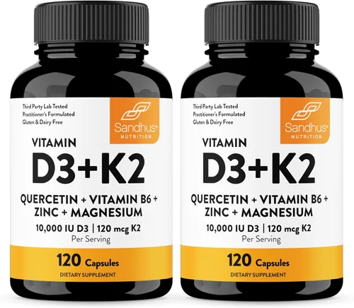 Miniatura 12 de Sandhu's Vitamina D3 K2 Magnesio 10000 IU, 120mcg K2 Cápsulas 60 unidades (paquete de 1) con VIT B6, zinc y quercetina D3K2 apoya la absorción