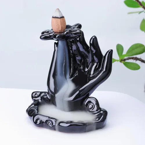 Quemador de Incienso de Reflujo Mano de Buda, Quemador de Incienso Cascada, Fuente de Incienso de Cerámica Portaincienso de Buda, Quemador de Conos