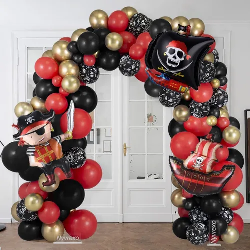 Decoraciones de fiesta de cumpleaños pirata, 142 piezas de guirnalda de globos dorados metálicos rojos, negros, kit de arco de arco de globos de