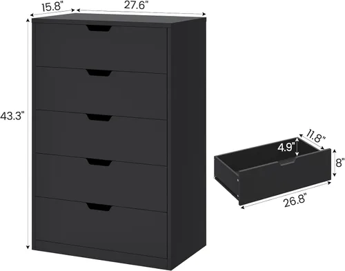 Miniatura 5 de HAUOMS Cómoda alta de 5 cajones, cómoda moderna negra para dormitorio, vestidor de armario con cajones para sala de estar, entrada, pasillo Negro