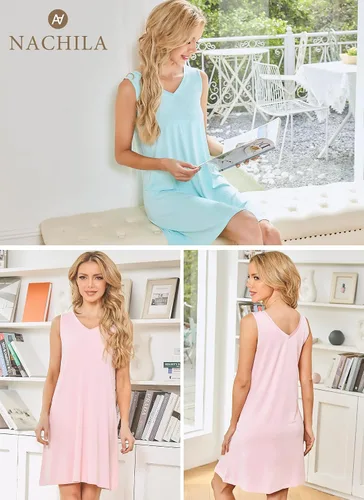 Miniatura 6 de NACHILA Camisones para mujer, viscosa hecha de bambú, sin mangas, camisón suave, camisón de satén con cuello en V