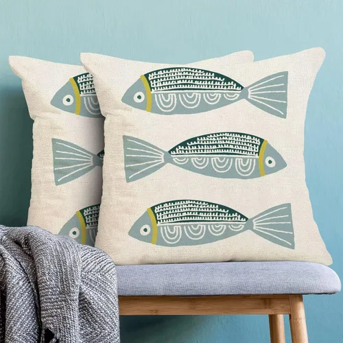 Miniatura 4 de AEIOAE Fundas de Almohada Costeras de 16 x 16 Pulgadas Juego de 2, Fundas Decorativas de Lino con Estampado de Peces Azules de Playa Oceánica