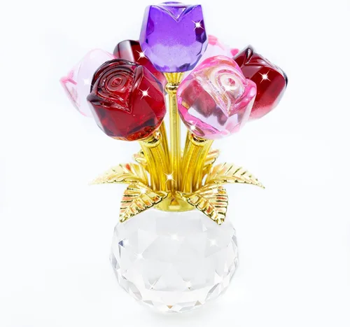 Miniatura 9 de Figura de flor de rosa de cristal con jarrón redondo, flores de cristal, flores de vidrio con tallos, figura de cristal de rosa de cristal, regalos
