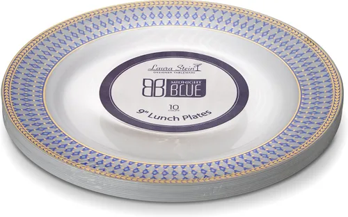 Miniatura 9 de Laura Stein - Platos desechables de plástico pesado de alta calidad con borde azul y dorado para fiestas y bodas, platos desechables de la serie