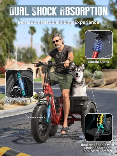 Miniatura 4 de PUCKIPUPPY Triciclo eléctrico de doble batería con rango alto de 110 millas, triciclo de clase de recogida de motor pico de 960 W, capacidad