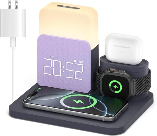 Estación de carga inalámbrica 7 en 1, reloj despertador con cargador inalámbrico para dormitorios, cargador magnético con luz nocturna y reloj de