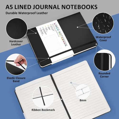 Miniatura 2 de Cuaderno diario rayado para mujeres y hombres, 200 páginas A5 diarios de tapa dura de cuero para escribir, viajes, escuela, oficina, trabajo, Negro