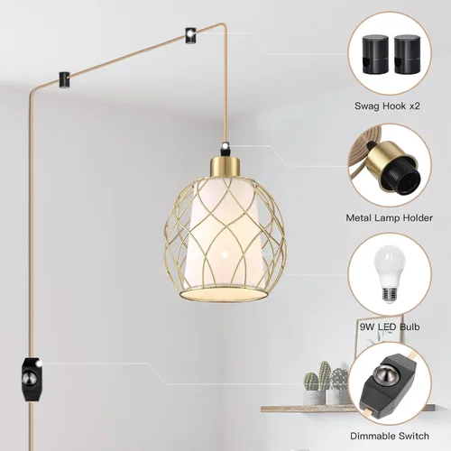 Miniatura 4 de Ruzectt - Lámpara colgante con enchufe, lámpara dorada con interruptor regulable, cable de algodón dorado de 15 pies, lámpara colgante para cocina
