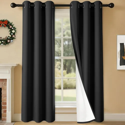 Miniatura 12 de 2 paneles de cortinas 100% opacas, cortinas ligeras con aislamiento térmico con ojales para dormitorio, sala de estar, tratamiento de ventana