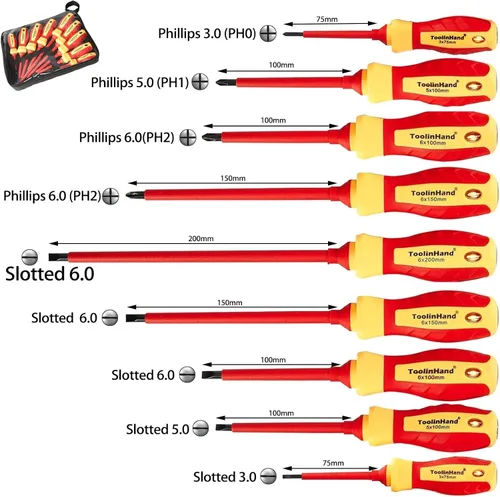 Miniatura 2 de Juego de 9 destornilladores eléctricos aislados de 1000 V, 4 Phillips y 5 destornilladores ranurados, con probador de voltaje, puntas magnéticas