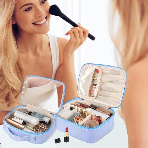 Miniatura 7 de Bolsa de maquillaje, 2 bolsas de cosméticos de piel sintética, estuche de maquillaje portátil de viaje, organizador de maquillaje grande con bolsa