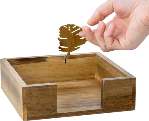 Miniatura 6 de MyGift Servilletero de mesa de madera de acacia de alta calidad, dispensador de servilletas cuadrado rústico con brazo decorativo de plumas de tono