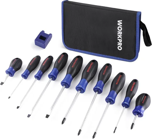 WORKPRO - Juego de destornilladores magnéticos de 10 piezas con bolsa, Phillips, ranurado, cabeza plana, incluye magnetizador, destornillador con