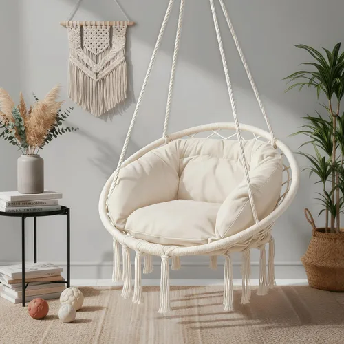 Miniatura 6 de Monibloom Silla hamaca colgante, silla columpio de macramé con cojín, capacidad de 350 libras para adultos y adolescentes, para porche al aire Beige