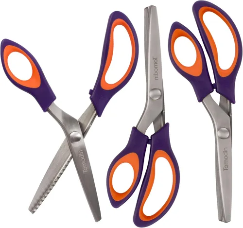 Miniatura 50 de JubileeYarn - Tijeras de entintar de grado profesional, acero inoxidable dentado de 9.5 pulgadas, color morado y naranja, 1 par
