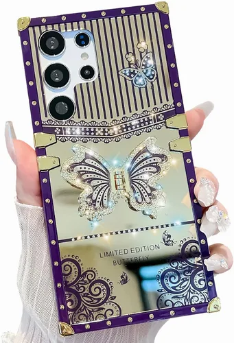 Miniatura 30 de Compatible con Funda Samsung Galaxy S22 Ultra, Diseño de Mariposa Brillante de Lujo con Soporte Plegable Kickstand para Mujeres y Niñas, Funda Rosa