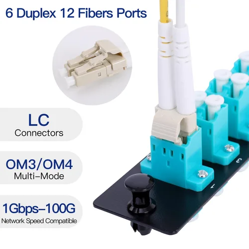 Miniatura 5 de 6 adaptadores LC dúplex de 12 núcleos LC huella LGX OM3 panel de conexión de fibra cargado 12 puertos de fibra acopladores - LC UPC azul compatible