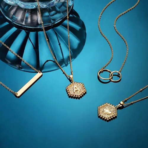Miniatura 6 de Collares con iniciales en capas para mujer, collar de barra chapado en oro de 14 quilates, collar con dije de letra hexagonal en capas delicadas