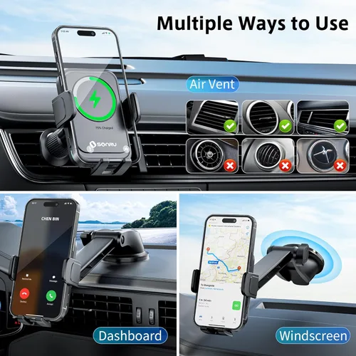 Miniatura 5 de SONRU Cargador inalámbrico Qi de 15 W, cargador inalámbrico de coche de carga rápida, sujeción automática, soporte de succión para salpicadero