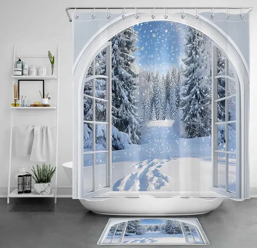 Miniatura 24 de LB Cortina de ducha de otoño para baño, divertido gato negro con fantasma en la bañera en el bosque de otoño, cortina de ducha de tela de cosecha