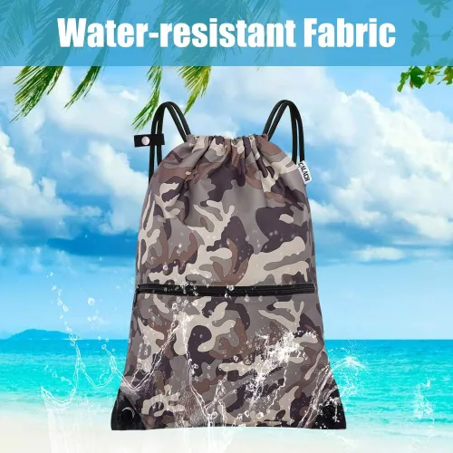 Miniatura 5 de CALACH Mochila deportiva con cordón, bolsa de gimnasio para yoga, viajes, para mujeres y hombres, tamaño grande con bolsillos con cremallera, MARRÓN