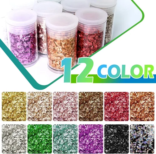 Miniatura 8 de Matio 12 colores de cristal triturado con purpurina irregular, 4.23 onzas/120g chips de vidrio roto triturado para joyería epoxi de resina, Metálico