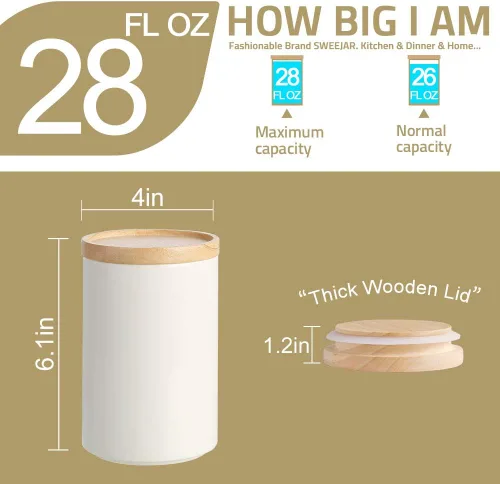Miniatura 5 de Sweejar Kitchen Canisters - Tarro de cerámica para almacenamiento de alimentos, recipientes apilables con tapa de madera de cierre hermético