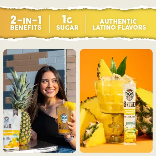 Miniatura 2 de Paquetes de Hidratación 2 en 1 Salud + Polvo de Electrolitos para la Inmunidad, Piña - Mezcla para Bebida de Agua Fresca, Baya del Saúco, Libre