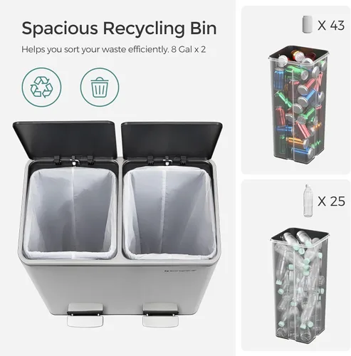 Miniatura 6 de SONGMICS Bote de basura, 2 botes de basura de 8 galones (2 x 30 L) para cocina, con 15 bolsas de basura, 2 compartimentos, cubos interiores de Plata