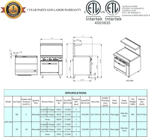 Miniatura 3 de Atosa AGR Cocina de Gas Comercial, 36.0 in Gas Range, Plancha Superior, (1) Horno Estándar, Gas Propano (AGR-36G-LP)